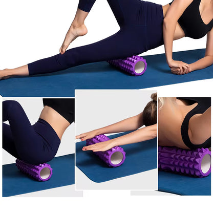 Yoga practitioner using a foam roller to enhance flexibility and muscle recovery in a serene studio setting