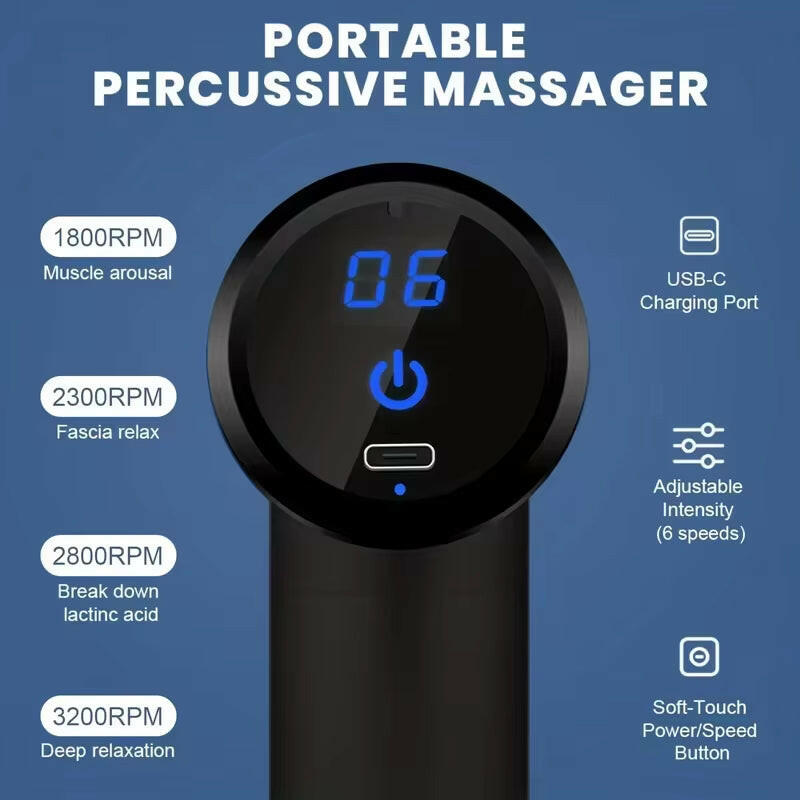 Percussion massage device highlighting advanced technology for effective muscle relaxation and deep tissue therapy.