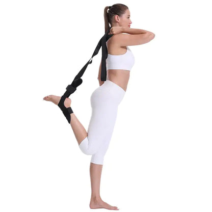 Yoga practitioner using a stretch strap for enhanced flexibility and deep muscle stretching during practice.