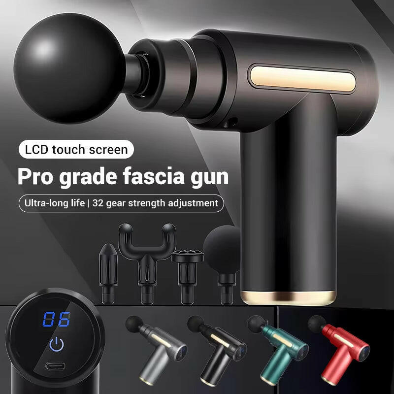 Percussion massage device highlighting advanced technology for effective muscle relaxation and deep tissue therapy.