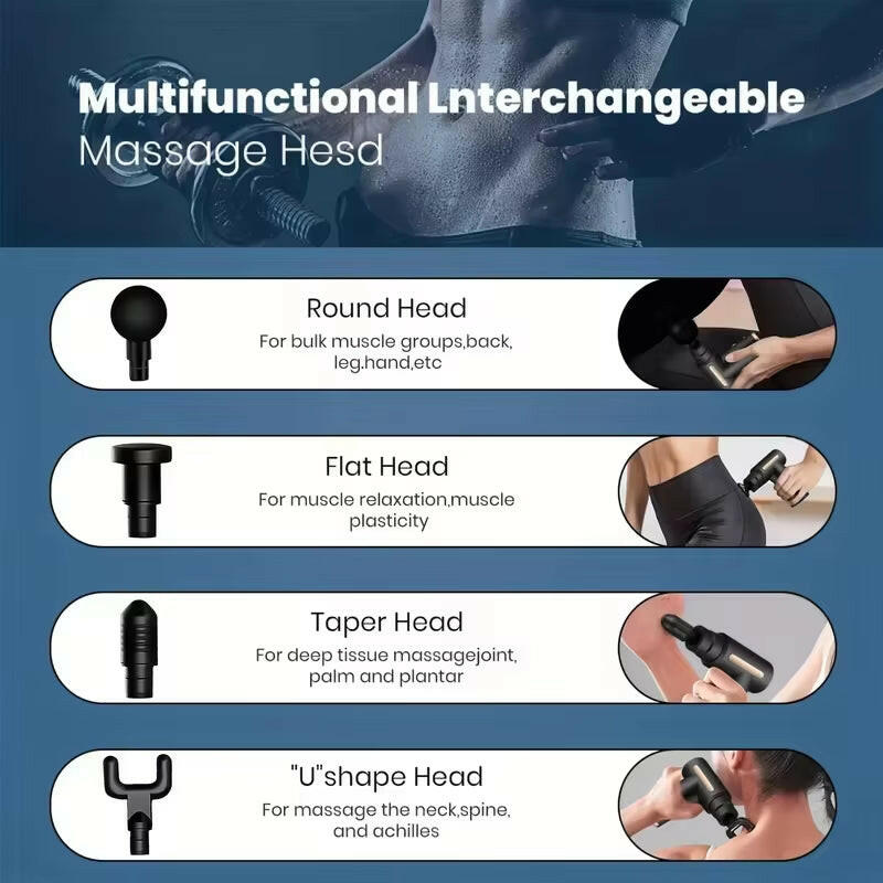 Percussion massage device highlighting advanced technology for effective muscle relaxation and deep tissue therapy.